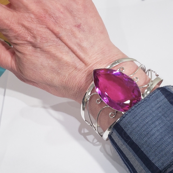 Pink Rubellite bracelet, 925 silver large pink rubellite adjustable cuff bangle - Picture 12 of 13